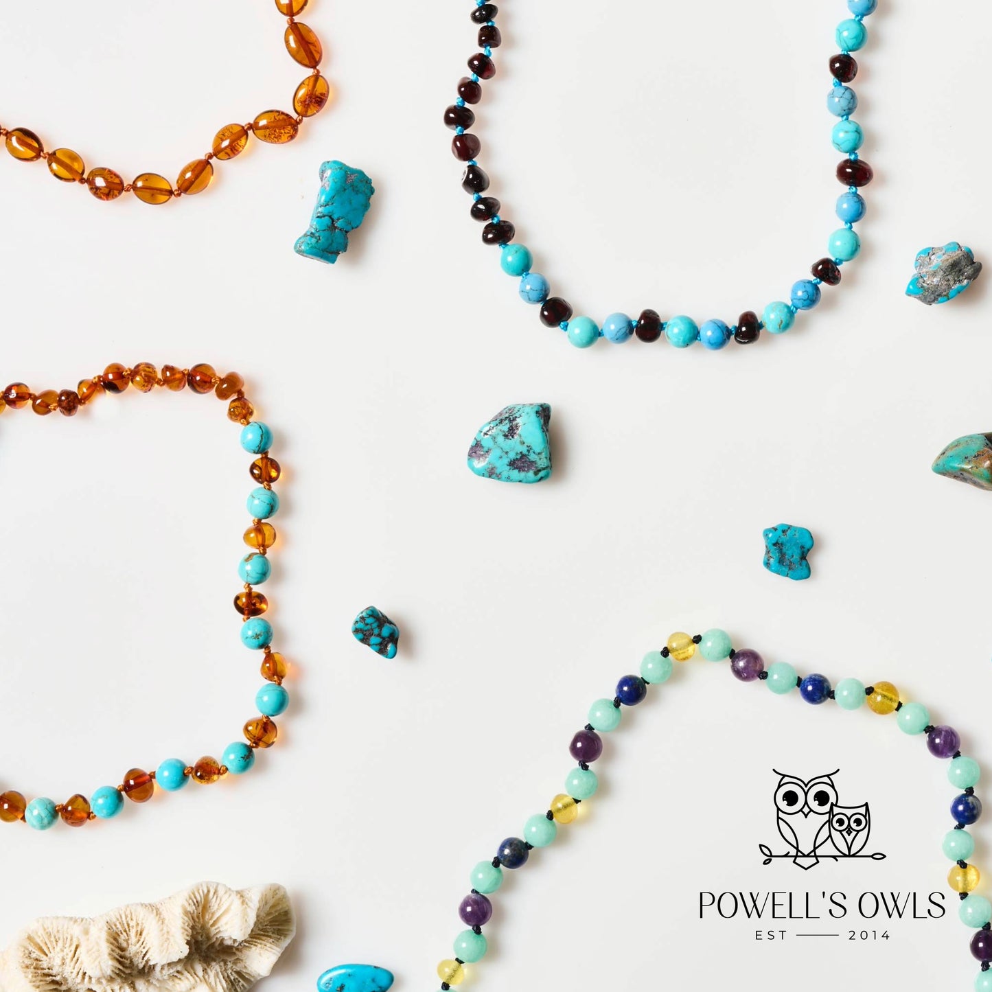 Baltic Amber + Gemstones Necklace - Cherry Amber + Turquoise - Children's