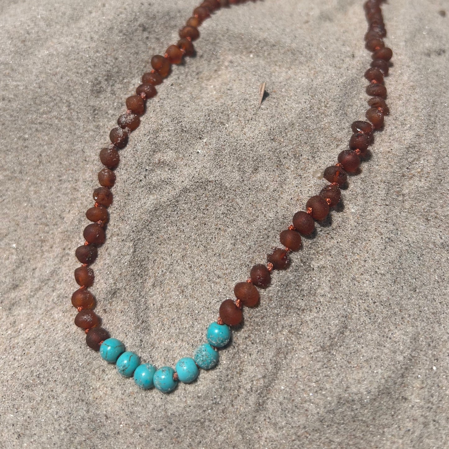 Baltic Amber Necklace - Raw Cognac Amber + Turquoise - Adult