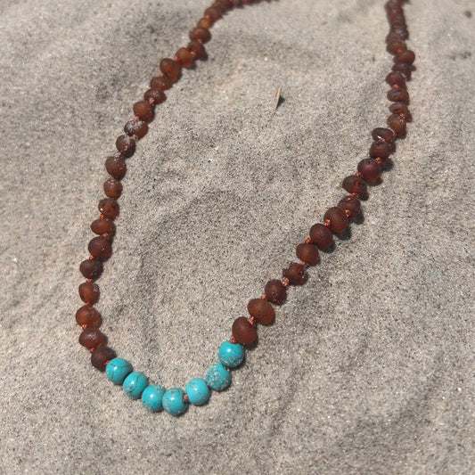 Baltic Amber Necklace - Raw Cognac Amber + Turquoise - Adult
