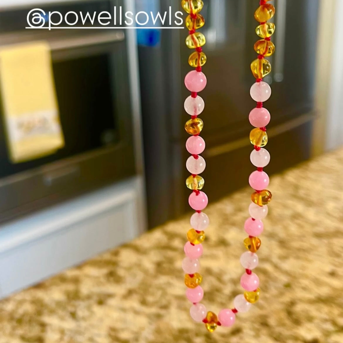 Baltic Amber + Gemstones Necklace - Honey Amber + Rose Quartz + Pink Jade - Children's
