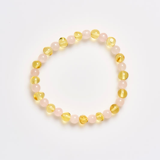 Baltic Amber & Gemstone Bracelet - Honey + Rose Quartz - Adult