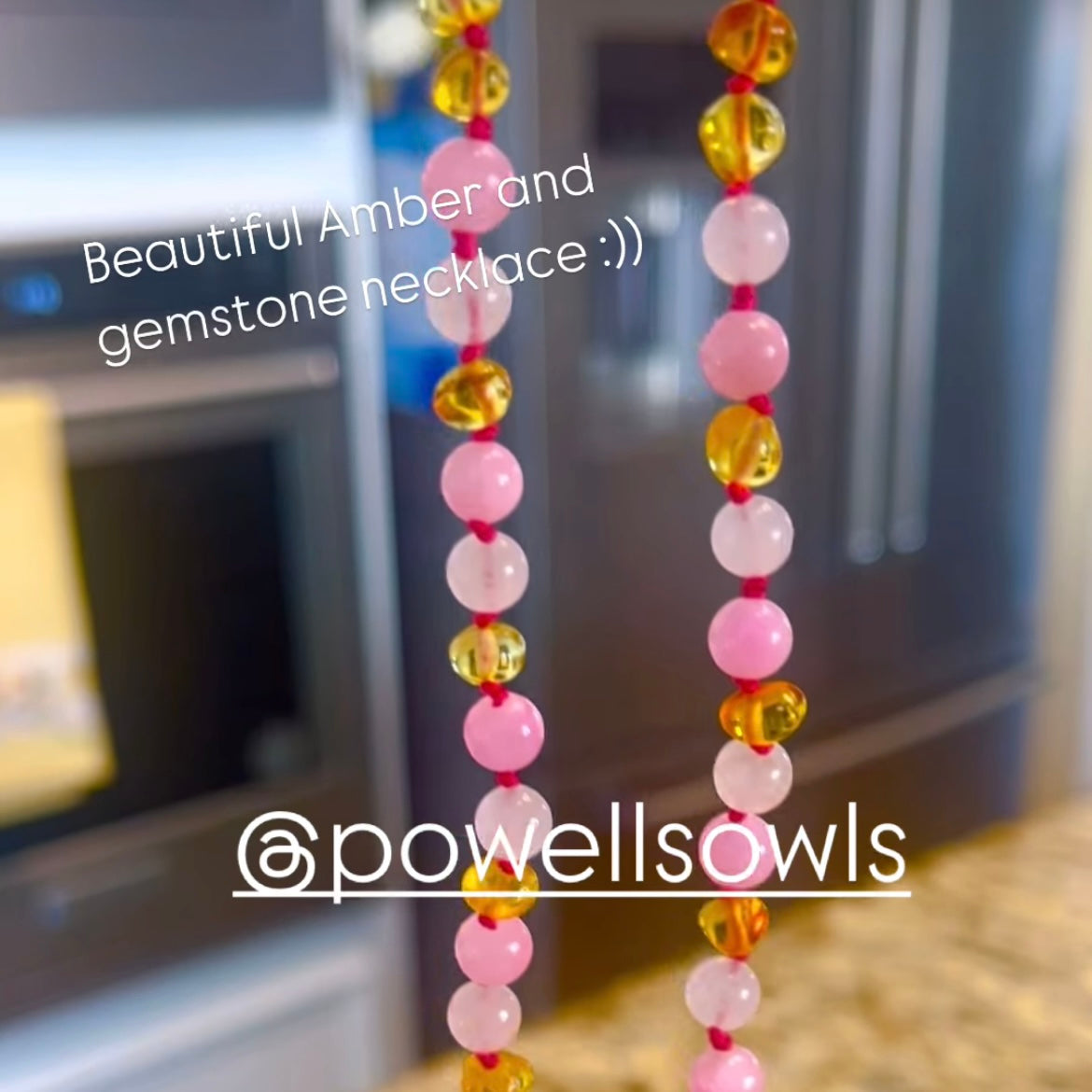 Baltic Amber + Gemstones Necklace - Honey Amber + Rose Quartz + Pink Jade - Children's