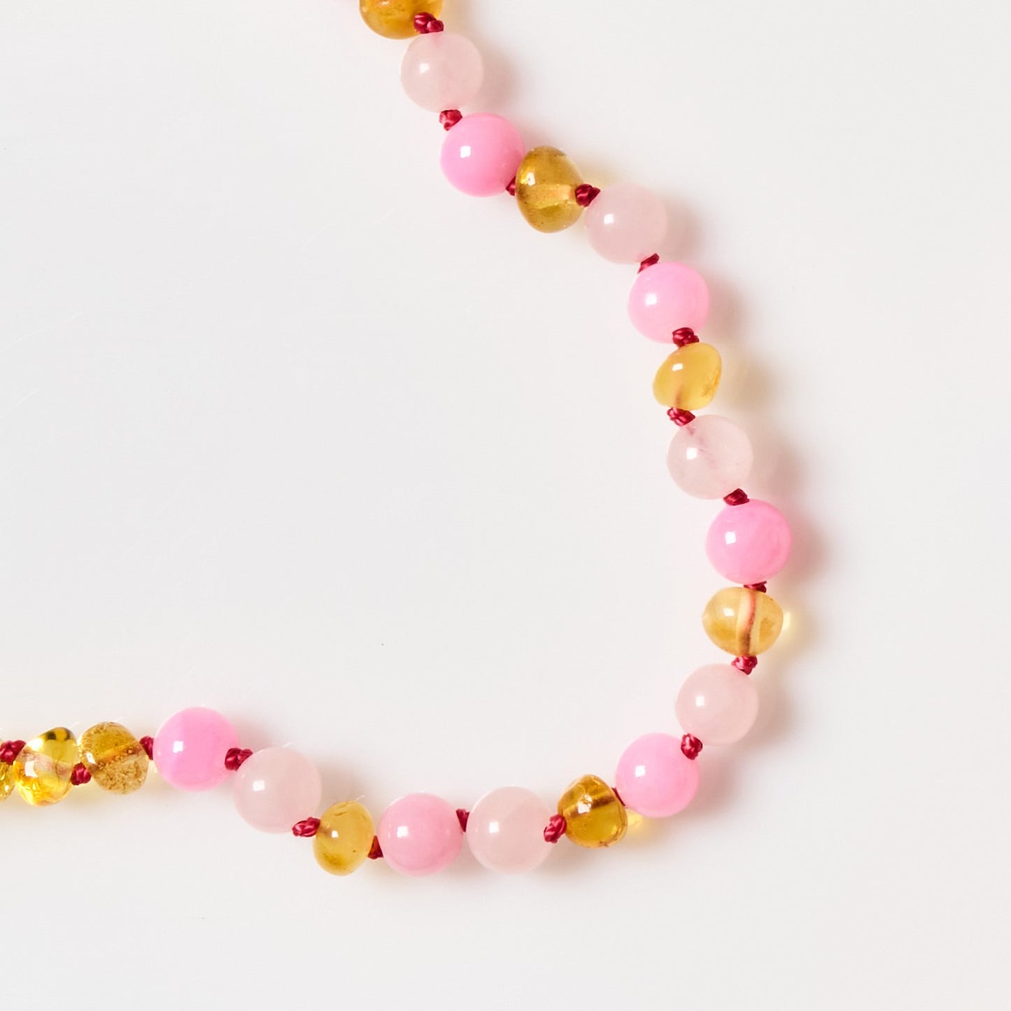 Baltic Amber + Gemstones Necklace - Honey Amber + Rose Quartz + Pink Jade - Children's
