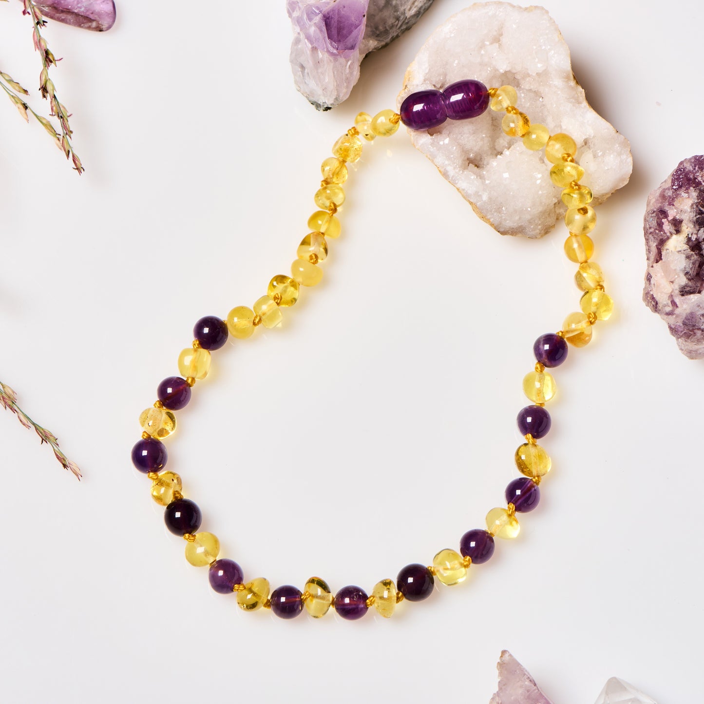 honey amber and amethyst teething necklace for kids