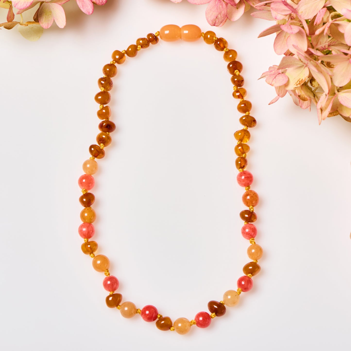 Baltic Amber + Gemstones Necklace - Cognac + Aventurine + Coral - Children's