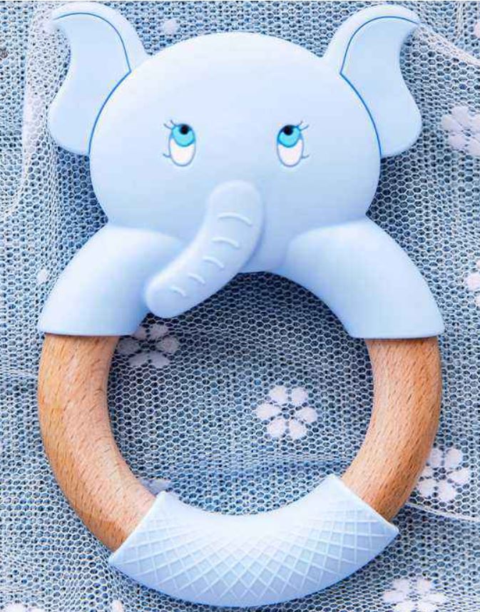 Baby Teething Toy (Blue) - Silicone Teether & Wooden Ring - Effective Pain Relief