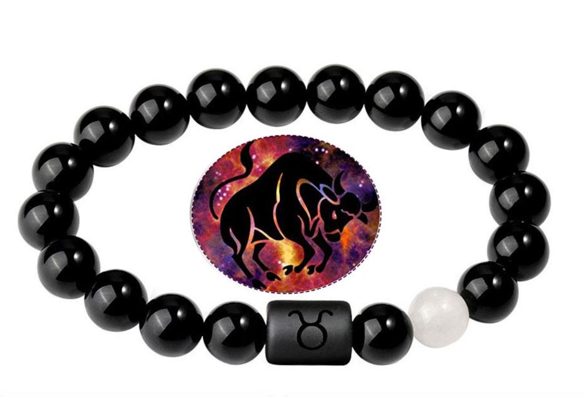 Taurus Zodiac Bracelets - Black Onyx & White Marble - Beaded Bracelets (Adults 8.5")