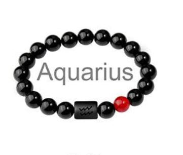Aquarius Zodiac Bracelets - Black Onyx & Red Agate Stone - Beaded Bracelets (Adults 8.5")