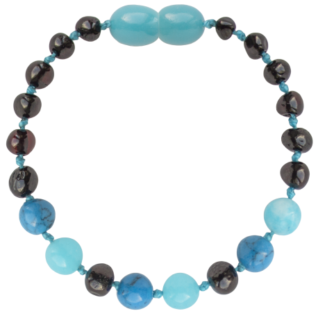 Baltic Amber + Gemstones Bracelet or Anklet - Cherry + Turquoise + Jade - Children's