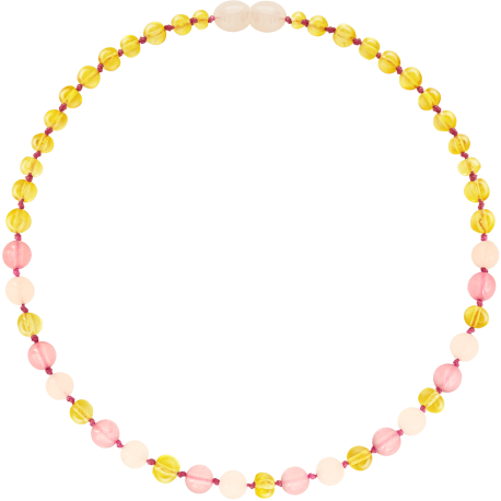 Matching Amber + Gemstones Necklace & Bracelet - Honey + Rose Quartz + Pink Jade - Children's