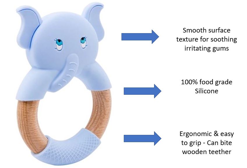 Baby Teething Toy (Blue) - Silicone Teether & Wooden Ring - Effective Pain Relief