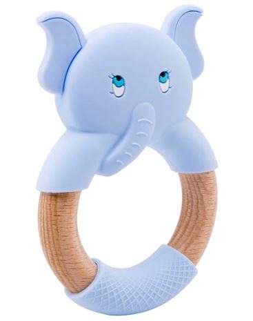 Baby Teething Toy (Blue) - Silicone Teether & Wooden Ring - Effective Pain Relief