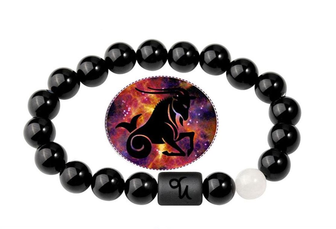 Capricorn Zodiac Bracelets - Black Onyx & White Jade Stone - Beaded Bracelets (Adults 8.5")