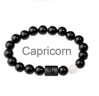 Capricorn Zodiac Bracelets - Black Onyx & White Jade Stone - Beaded Bracelets (Adults 8.5")