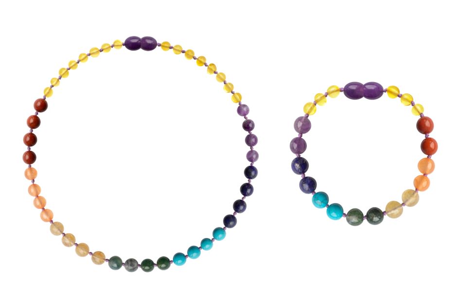 Children's Necklace & Bracelet Set - Honey Amber + Chakra Gemstones
