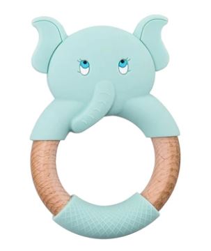 Baby Teething Toy (Mint) - Silicone Teether & Wooden Ring - Effective Pain Relief