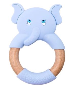 Baby Teething Toy (Blue) - Silicone Teether & Wooden Ring - Effective Pain Relief