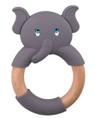 Baby Teething Toy (Grey) - Silicone Teether & Wooden Ring - Effective Pain Relief