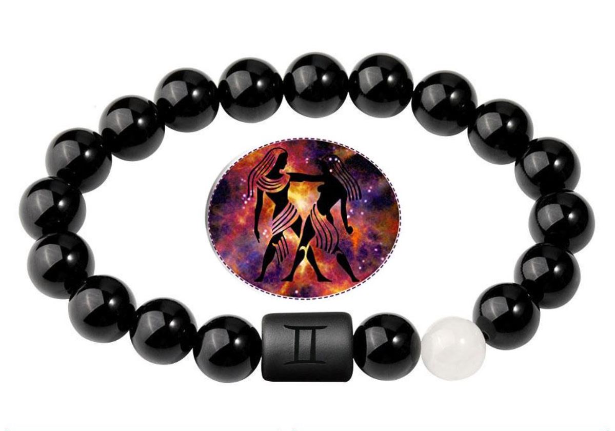 Gemini Zodiac Bracelets - Black Onyx & White Jade Stone - Beaded Bracelets (Adults 8.5")