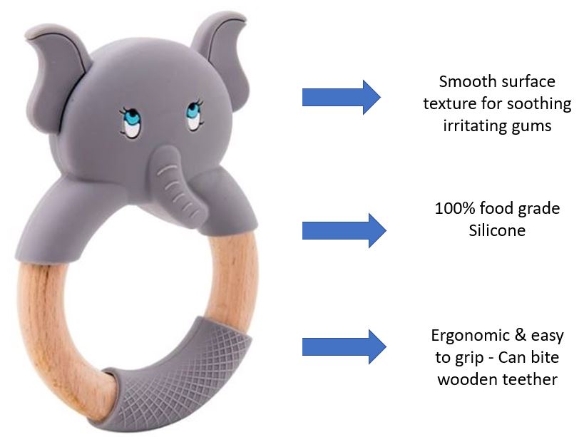 Baby Teething Toy (Grey) - Silicone Teether & Wooden Ring - Effective Pain Relief