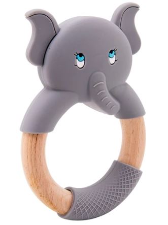 Baby Teething Toy (Grey) - Silicone Teether & Wooden Ring - Effective Pain Relief