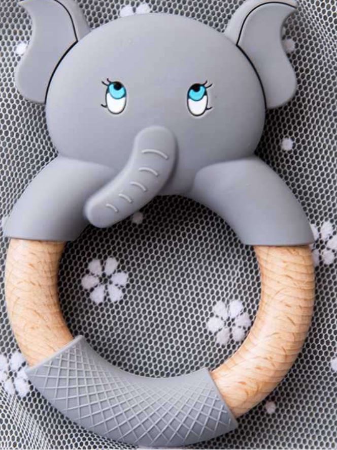 Baby Teething Toy (Grey) - Silicone Teether & Wooden Ring - Effective Pain Relief