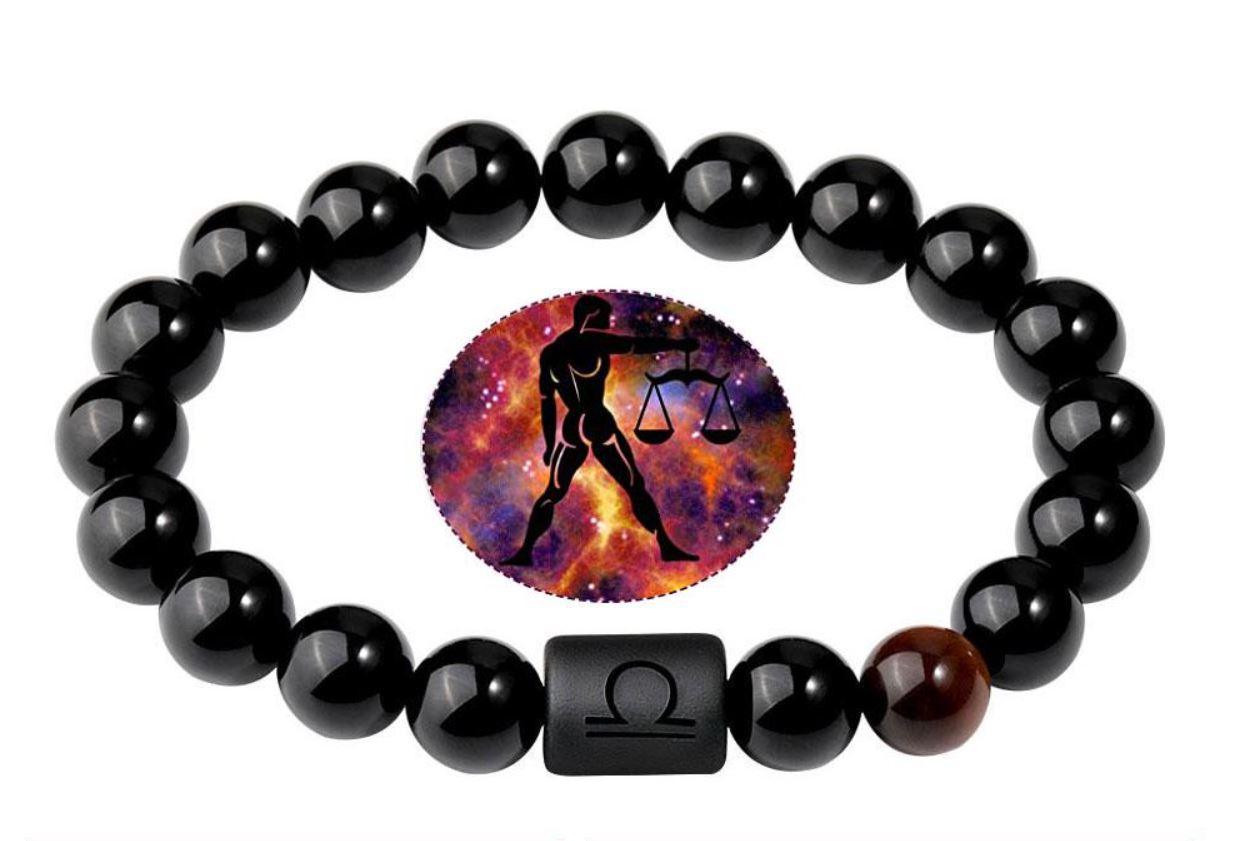 Libra Zodiac Bracelets - Black Onyx & Tiger Eye Stone - Beaded Bracelets (Adults 8.5")