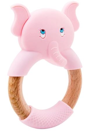 Baby Teething Toy (Pink) - Silicone Teether & Wooden Ring - Effective Pain Relief