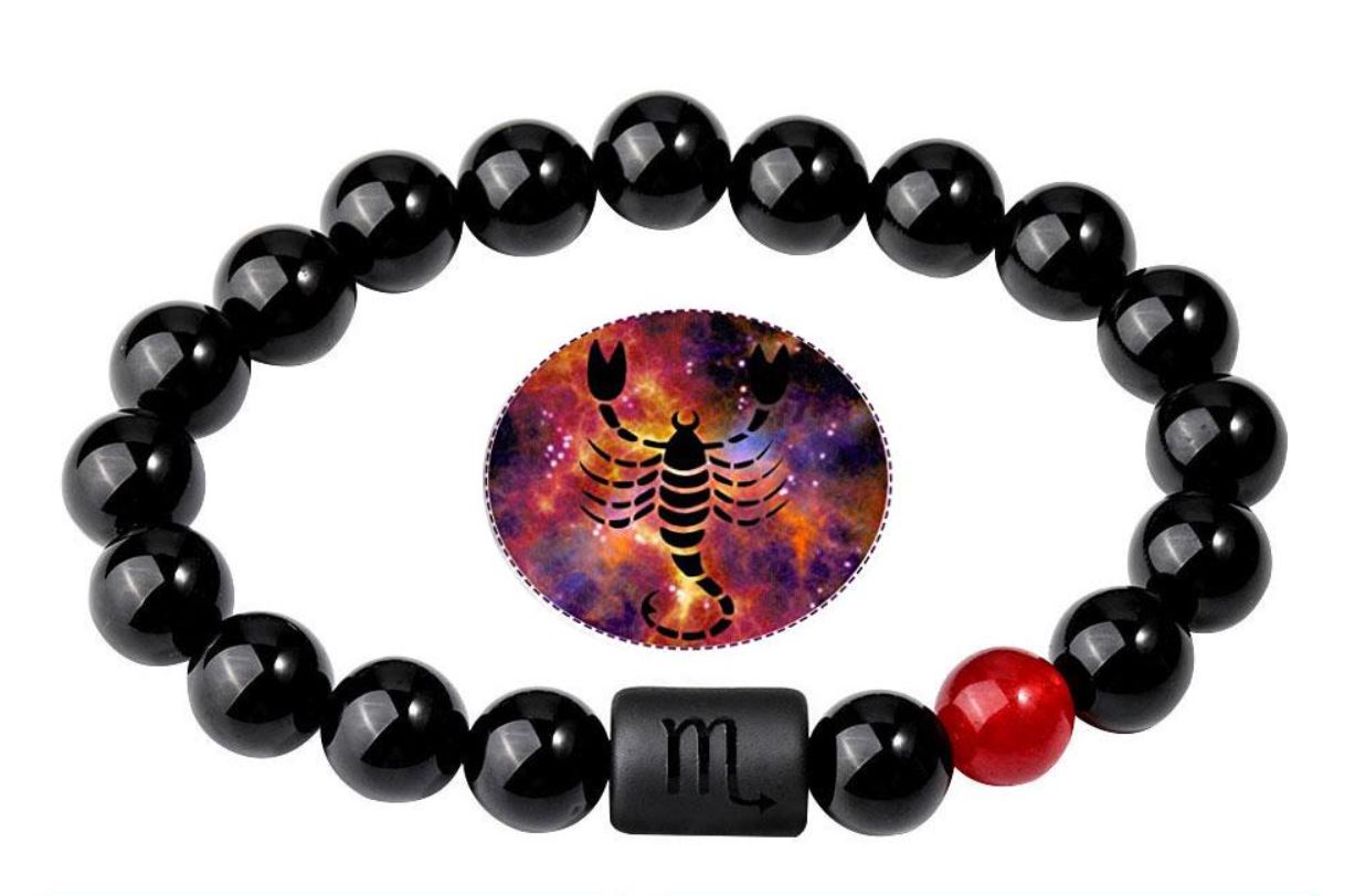 Scorpio Zodiac Bracelets - Black Onyx & Red Agate Stone - Beaded Bracelets (Adults 8.5")