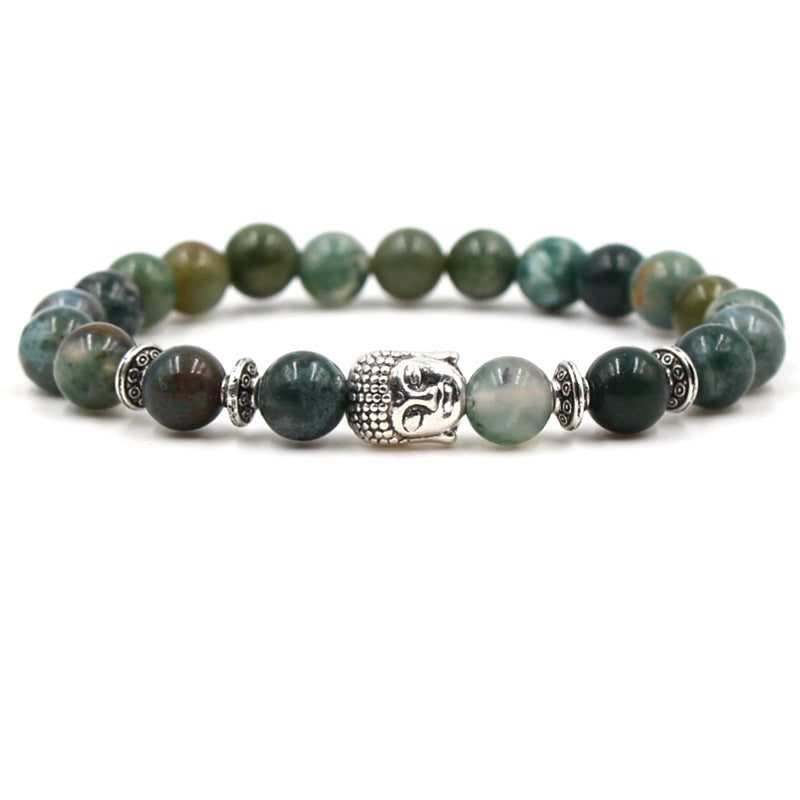 Buddha Head Lucky Charm Bracelets (Silver) Agate Natural Stone (7.5")