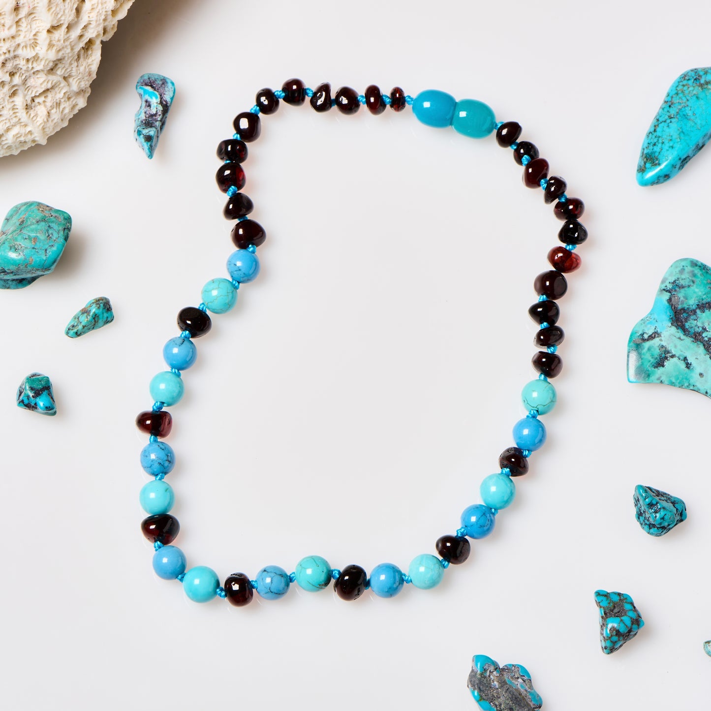 Matching Amber + Gemstones Necklace & Bracelet - Cherry + Dark Turquoise + Jade