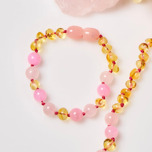 Baltic Amber + Gemstones Bracelet or Anklet - Honey + Quartz + Pink Jade - Children's