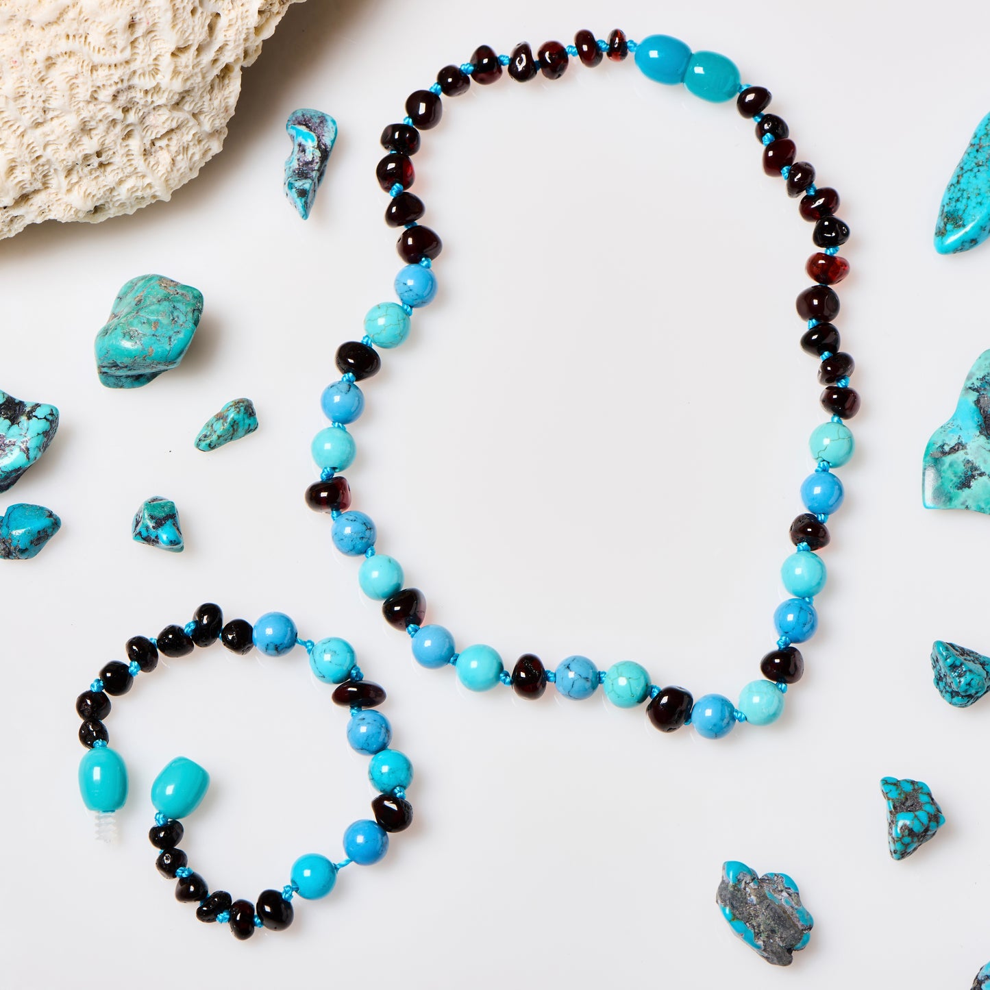 Matching Amber + Gemstones Necklace & Bracelet - Cherry + Dark Turquoise + Jade