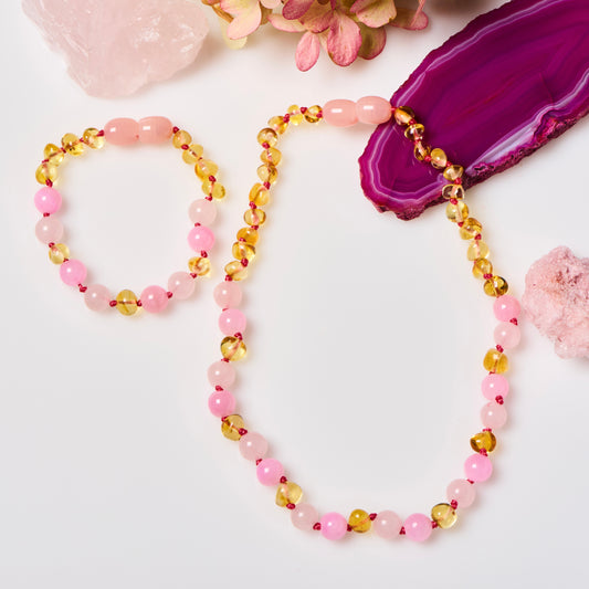 Matching Amber + Gemstones Necklace & Bracelet - Honey + Rose Quartz + Pink Jade - Children's