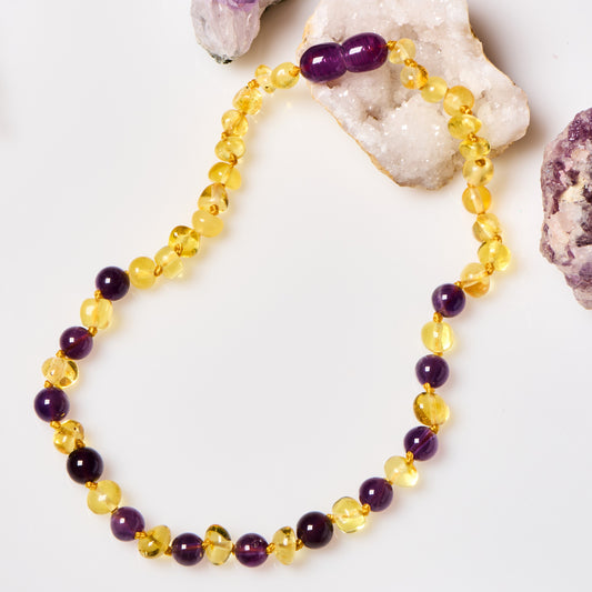 Baltic Amber Necklace - Honey Amber + Amethyst - Children's