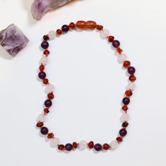 beaded amber necklace with healing amethyst and rose quartz gemstones