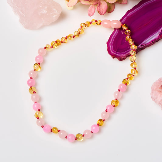 Baltic Amber + Gemstones Necklace - Honey Amber + Rose Quartz + Pink Jade - Children's