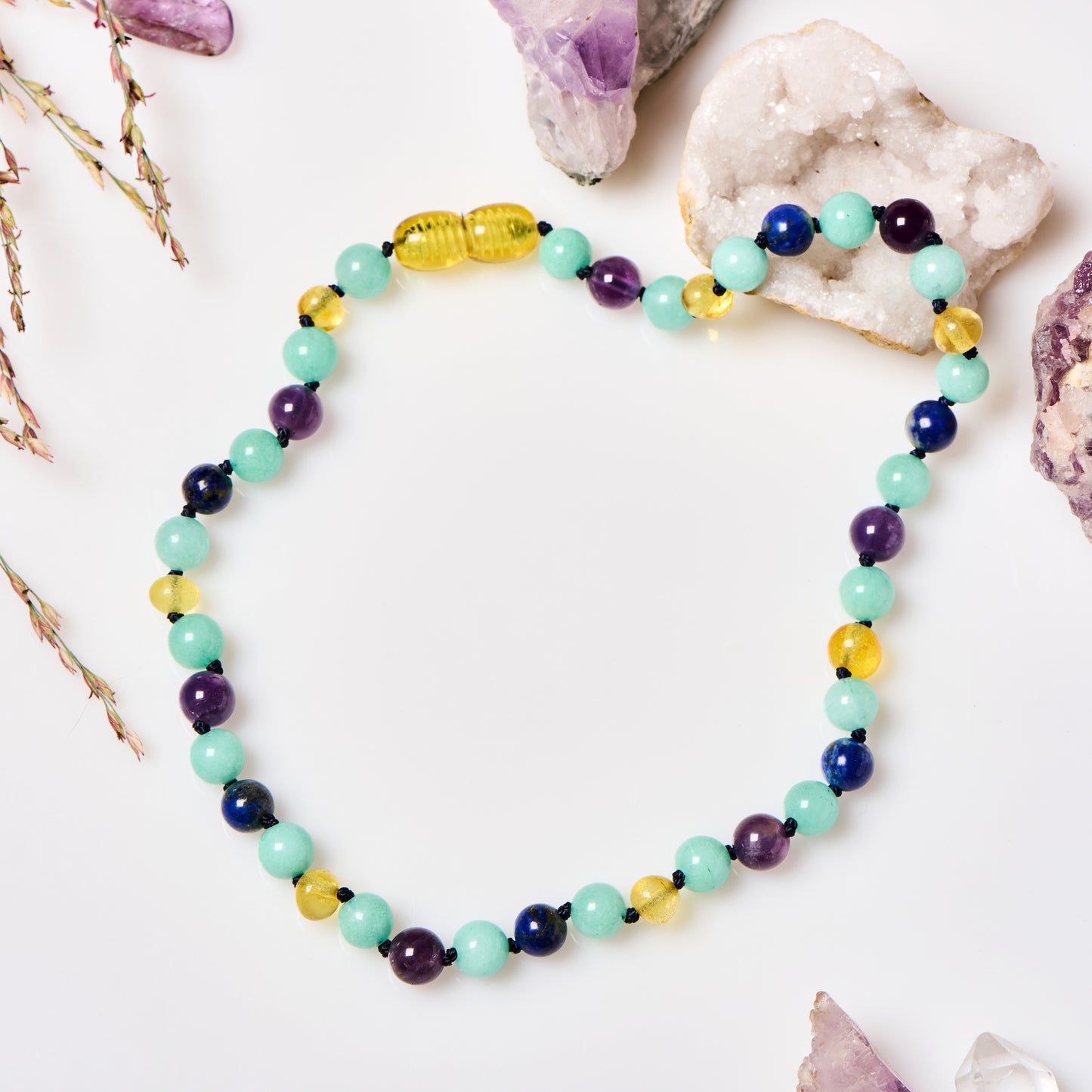 Baltic Amber Necklace - Amber + Amethyst + Aquamarine - Children's