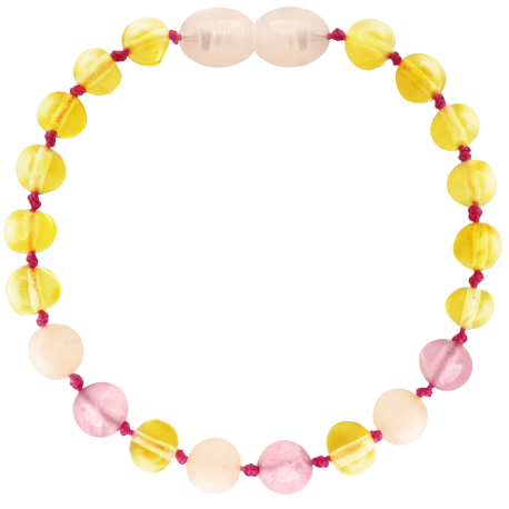 Baltic Amber + Gemstones Bracelet or Anklet - Honey + Quartz + Pink Jade - Children's
