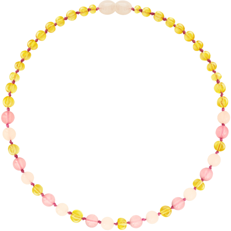 Baltic Amber + Gemstones Necklace - Honey Amber + Rose Quartz + Pink Jade - Children's