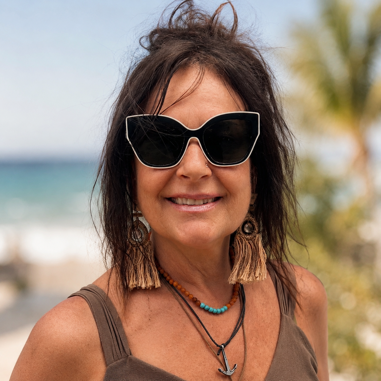 a woman wearing a raw cognac amber and turquoise beach casual necklace