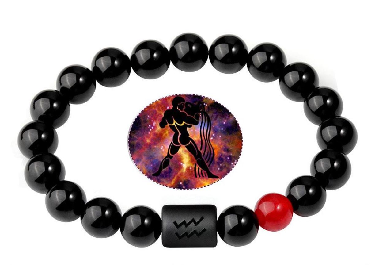 Aquarius Zodiac Bracelets - Black Onyx & Red Agate Stone - Beaded Bracelets (Adults 8.5")