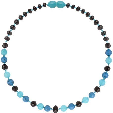 Baltic Amber + Gemstones Necklace - Cherry, Dark Turquoise, Jade