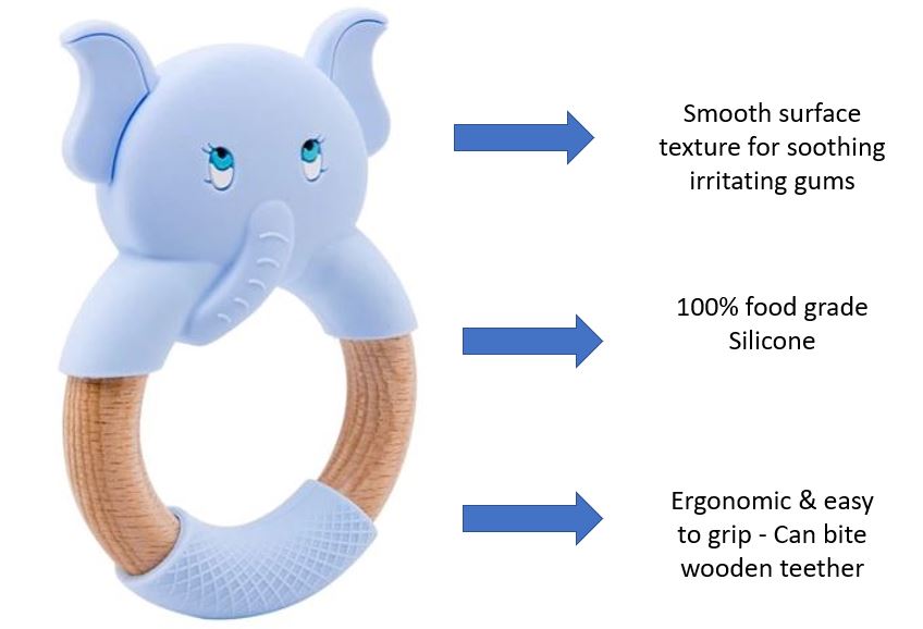 Baby Teething Toy (Blue) - Silicone Teether & Wooden Ring - Effective Pain Relief