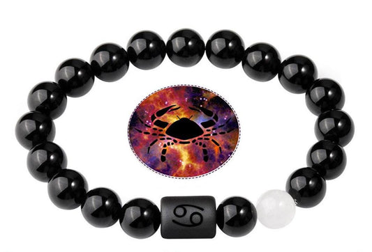 Cancer Zodiac Bracelets - Black Onyx & White Jade Stone - Beaded Bracelets (Adults 8.5")