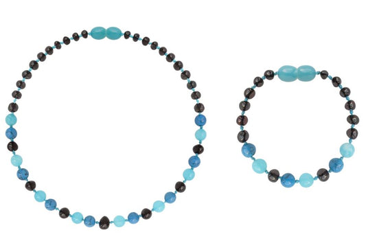 Matching Amber + Gemstones Necklace & Bracelet - Cherry + Dark Turquoise + Jade