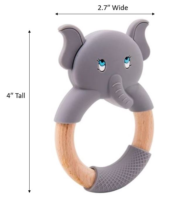 Baby Teething Toy (Grey) - Silicone Teether & Wooden Ring - Effective Pain Relief