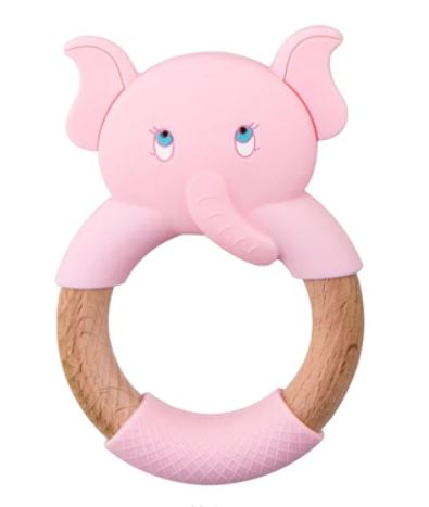 Baby Teething Toy (Pink) - Silicone Teether & Wooden Ring - Effective Pain Relief