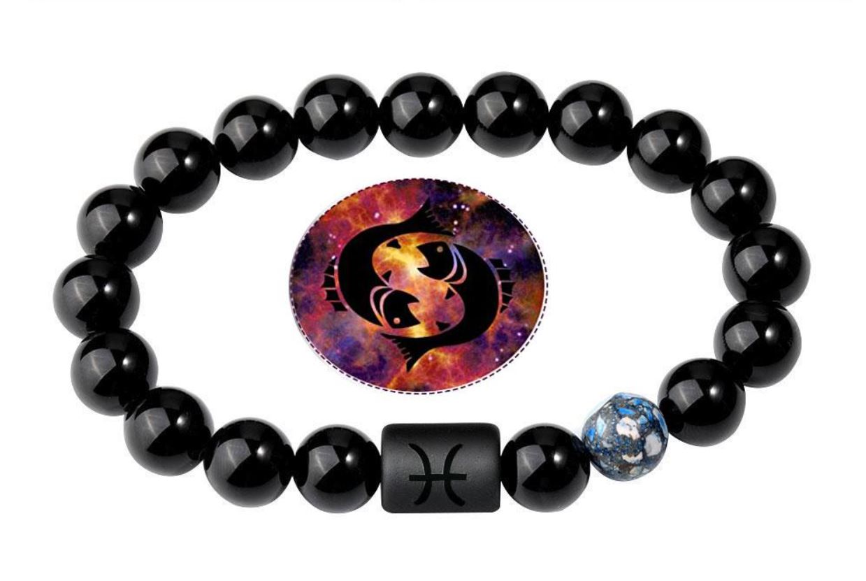 Pisces Zodiac Bracelets - Black Onyx & Earth Stone - Beaded Bracelets (Adults 8.5")