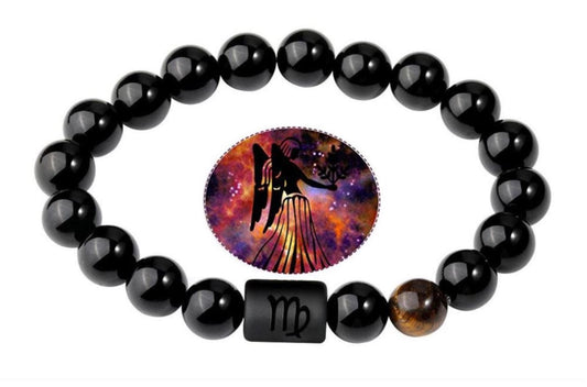 Virgo Zodiac Bracelets - Black Onyx & Tiger Eye Stone - Beaded Bracelets (Adults 8.5")